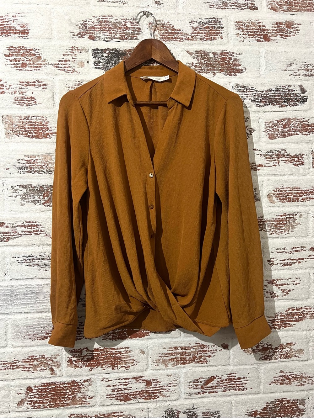 All in Favor Blouse Brown Camel Twist Front Knot Long Sleeve V-Neck Office S